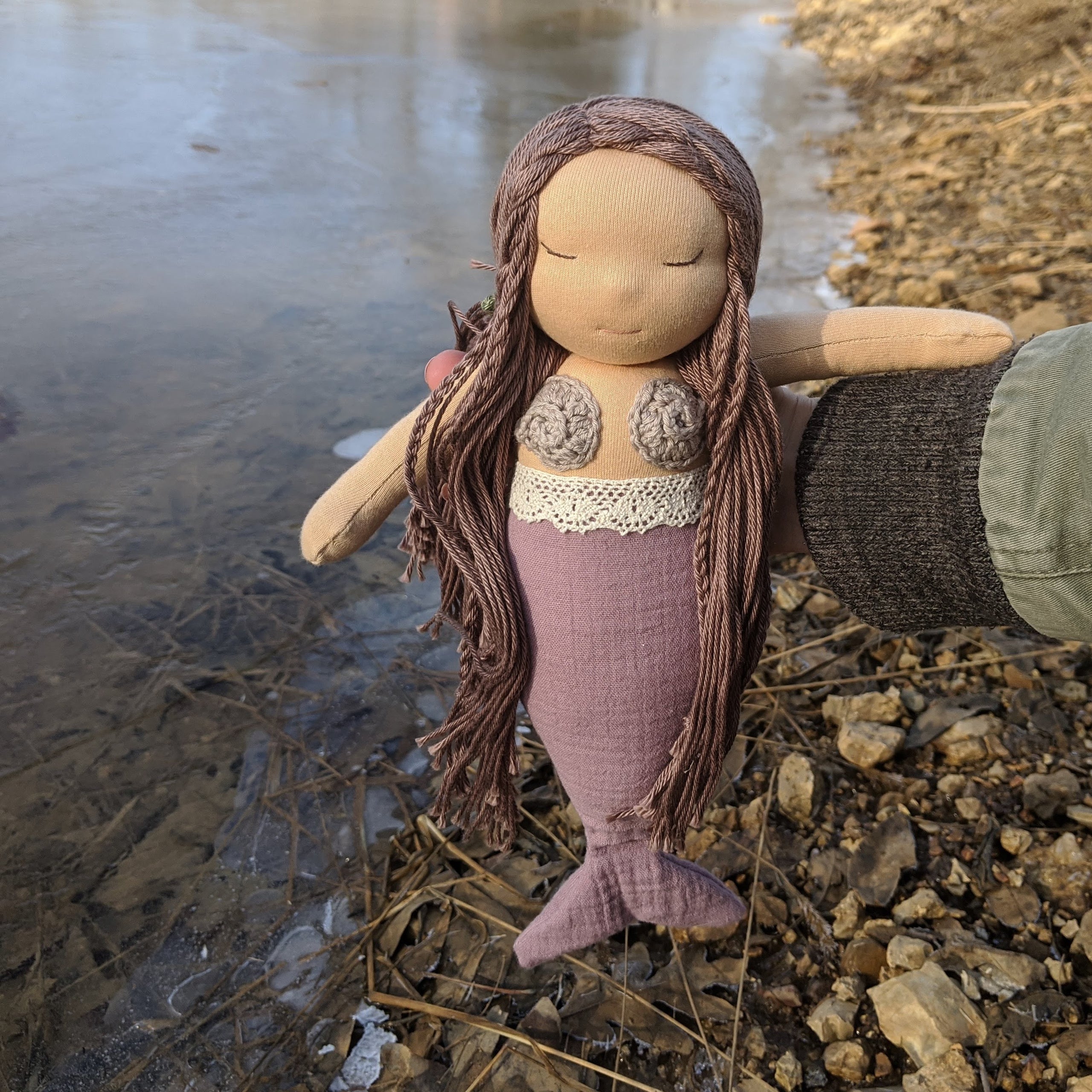 Handmade Mermaid cloth 2024 doll with a seahorse, 13 inches tall with hand embroidered face